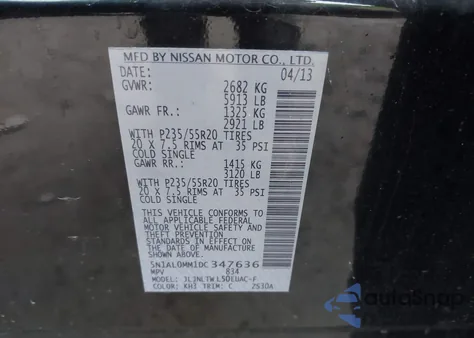 2013 Infiniti Jx35 z USA, uszkodzony, nr VIN 5N1AL0MM1DC347636